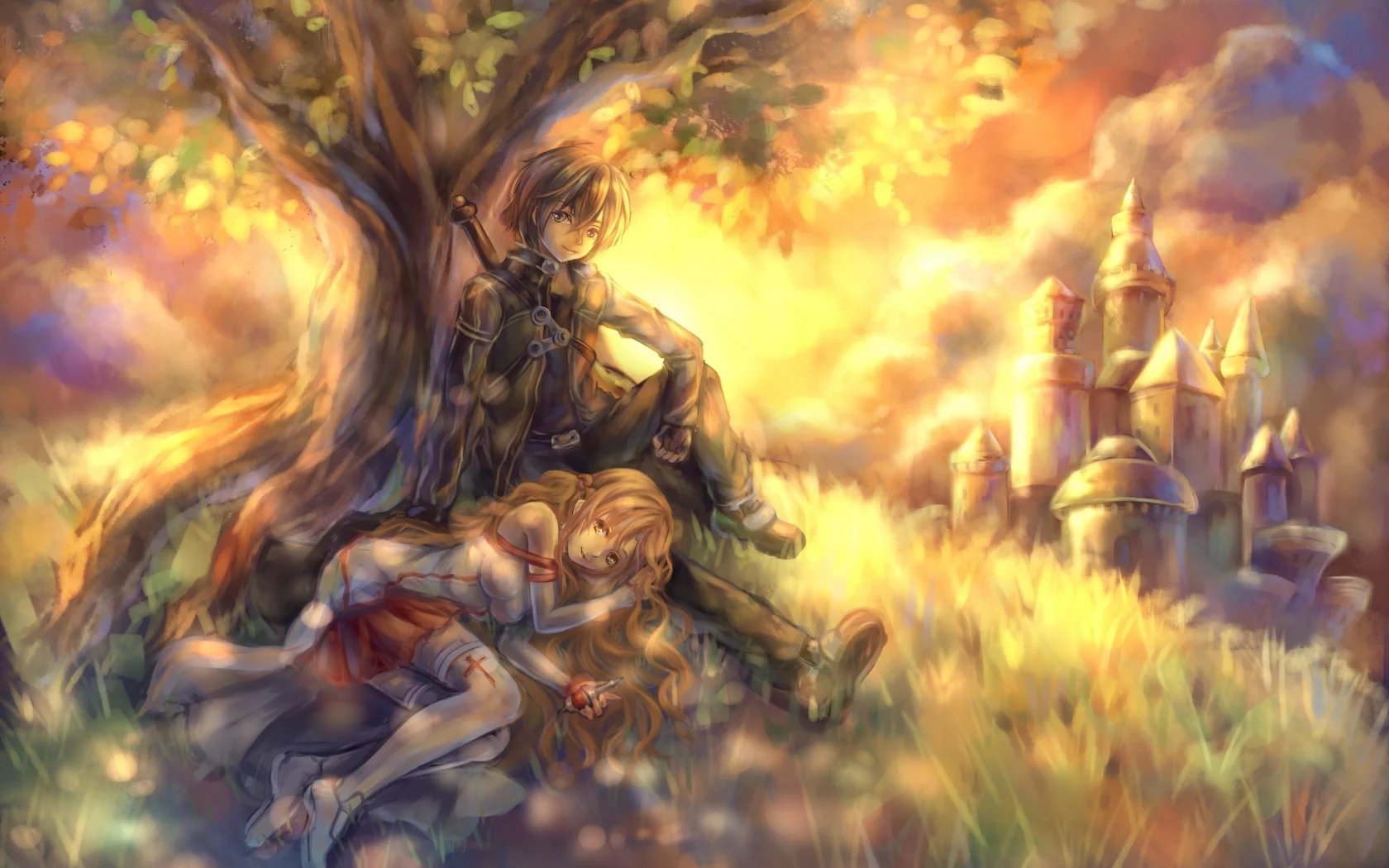 sword art online, tandolcedeco, дерево, Арт, kirigaya kazuto , yuuki asuna , замок