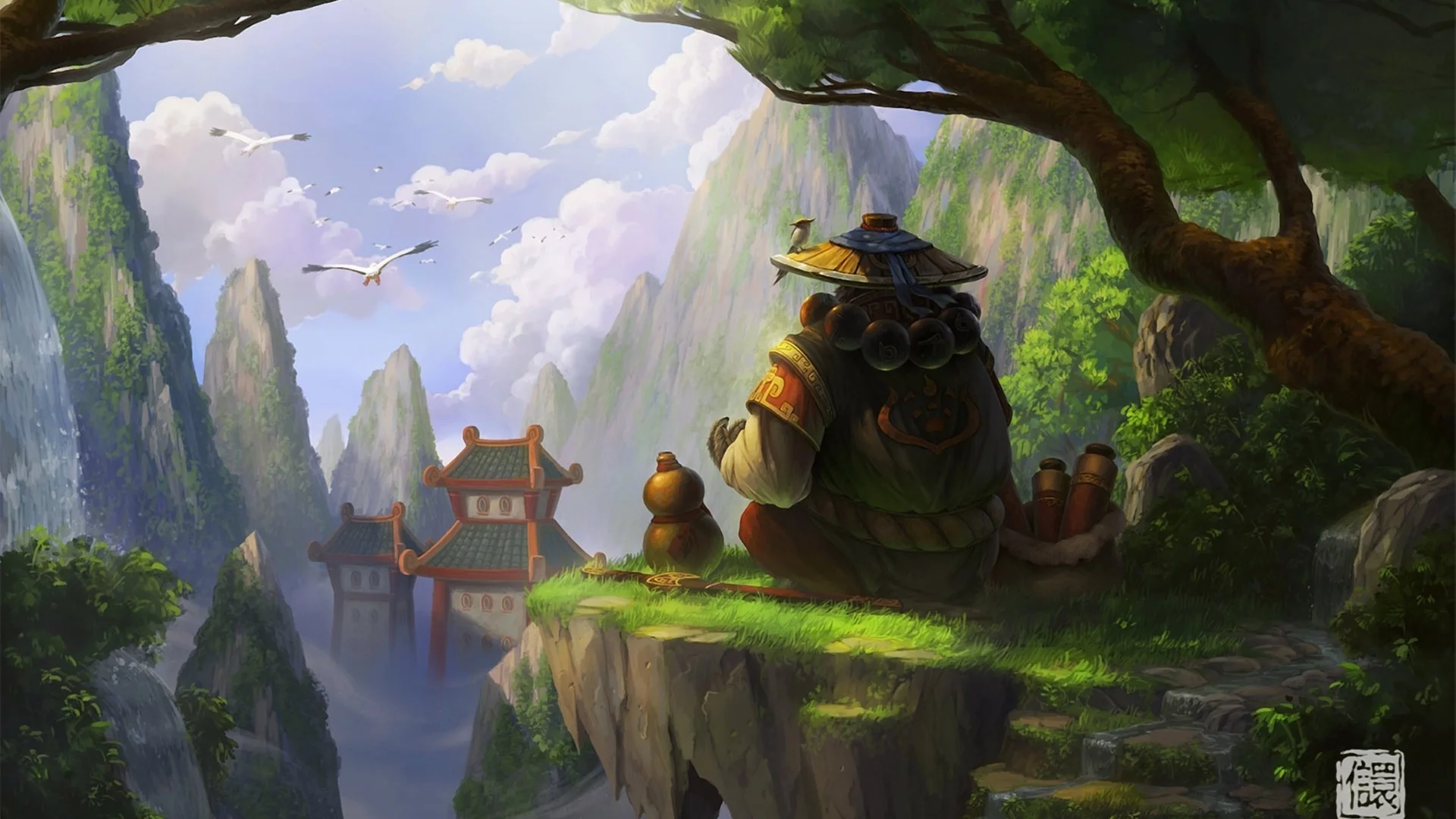 азия, панда, world of warcraft, скалы, птицы, Арт, mists of pandaria
