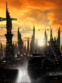ships, sci-fi, Futuristic city 1, towers, cityscape, planet, rich35211, scott richard