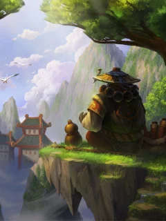азия, панда, world of warcraft, скалы, птицы, Арт, mists of pandaria
