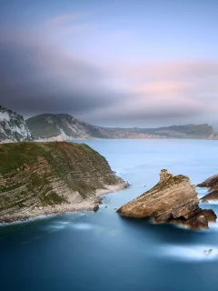 дымка, побережье, скалы, сумерки, Море, камни