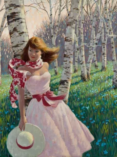 Arthur saron sarnoff, розовое платье, birch forest, живопись, девушка