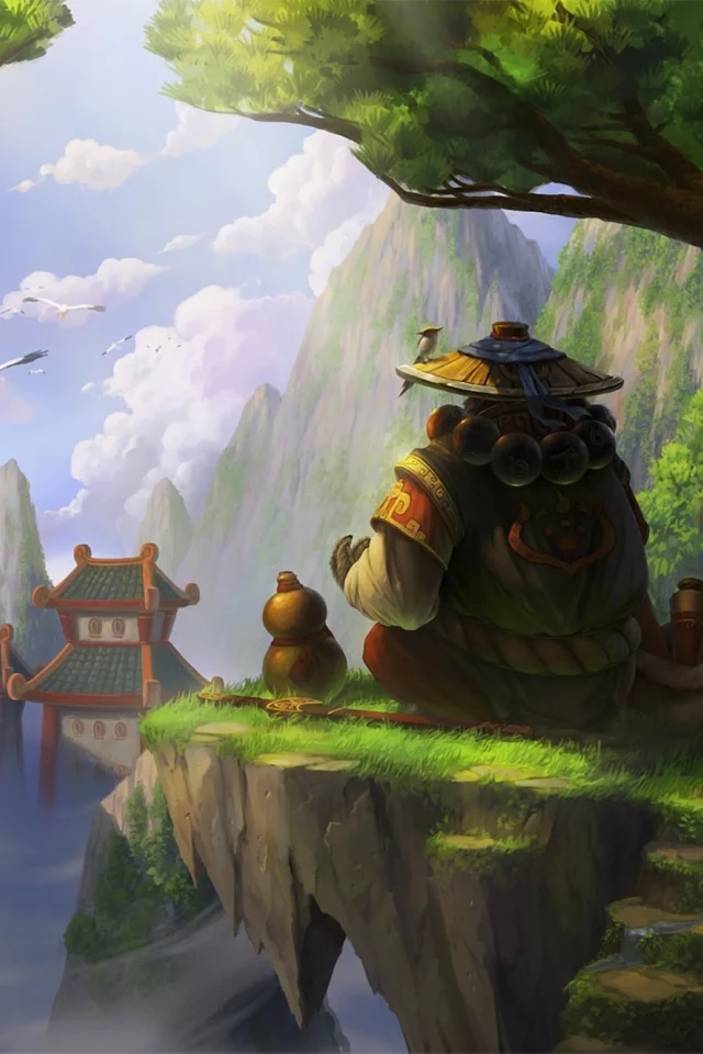 азия, панда, world of warcraft, скалы, птицы, Арт, mists of pandaria