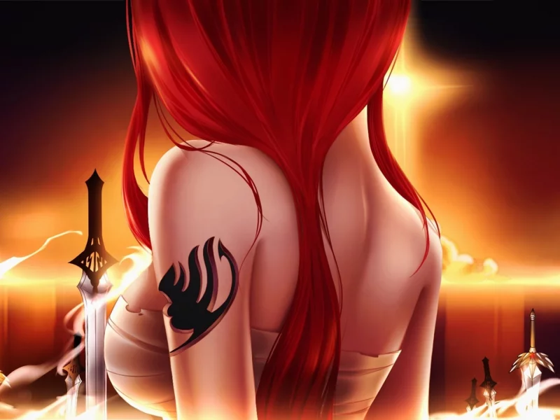 закат, erza scarlet, оружие, меч, тату, fairy tail, девушка, Арт