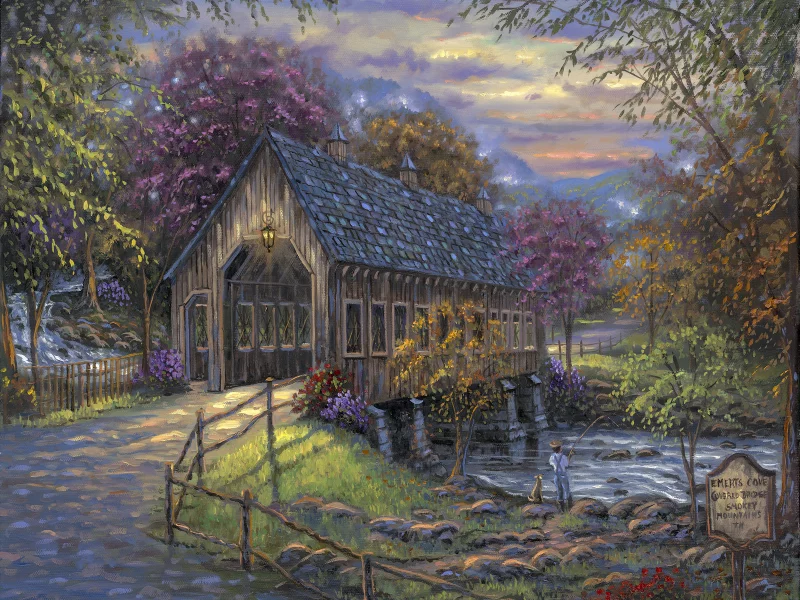 крытый мост, река, Robert finale, живопись, emerts cove covered bridge