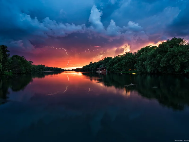 гроза, тучи, река, деревя