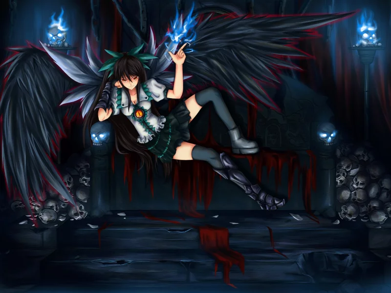 reiuji utsuho, Арт, диван, девушка, крылья, черепа, shou mai, touhou