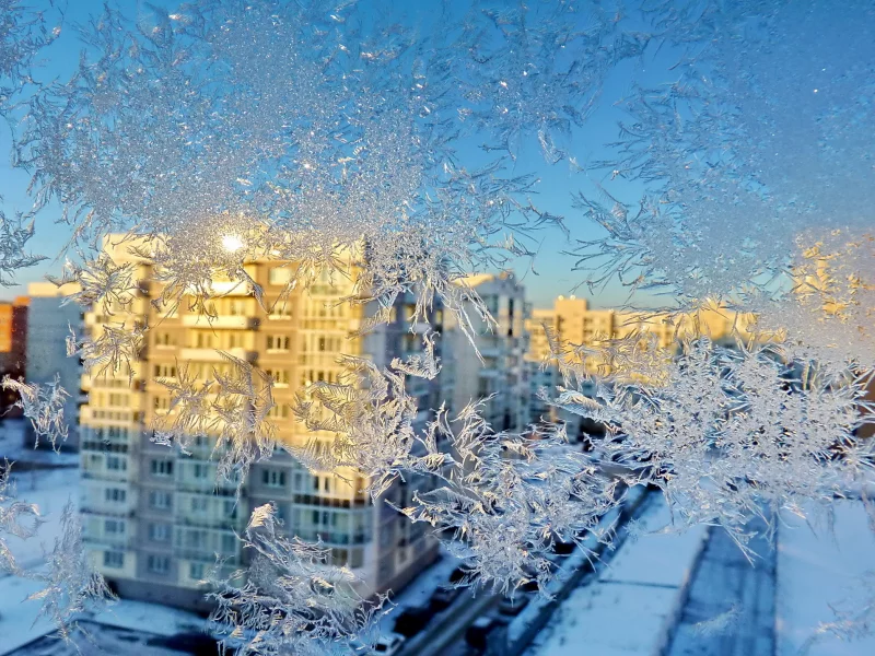Зима, мороз, дома, окно, узор
