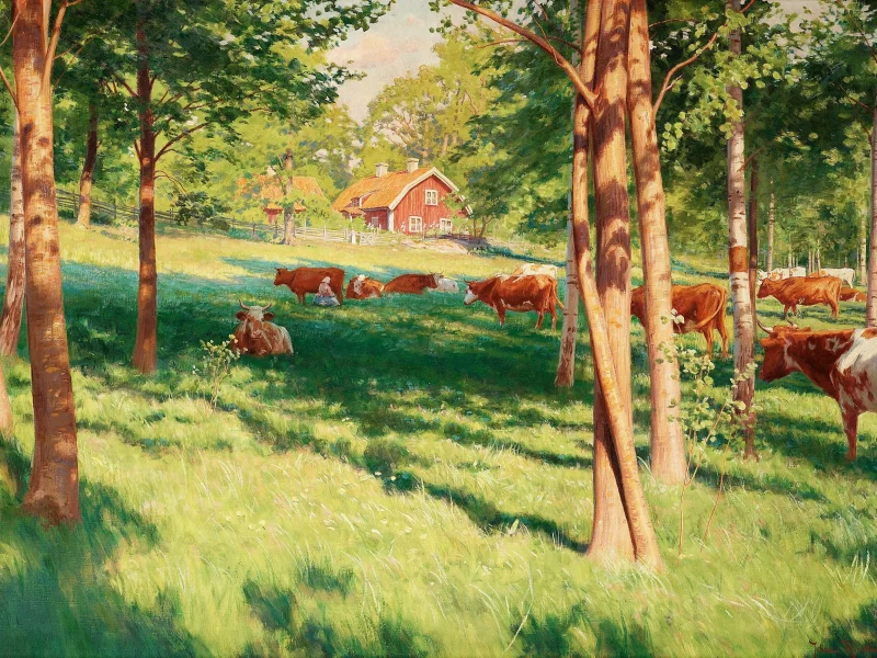 лес, пейзаж, Картина, деревня, луг, johan krouthen, лето