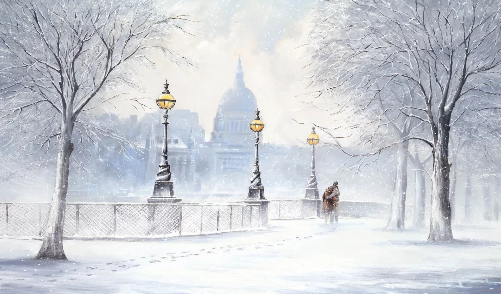 снегопад, jeff rowland, улица, Картина, бульвар, зима, снег