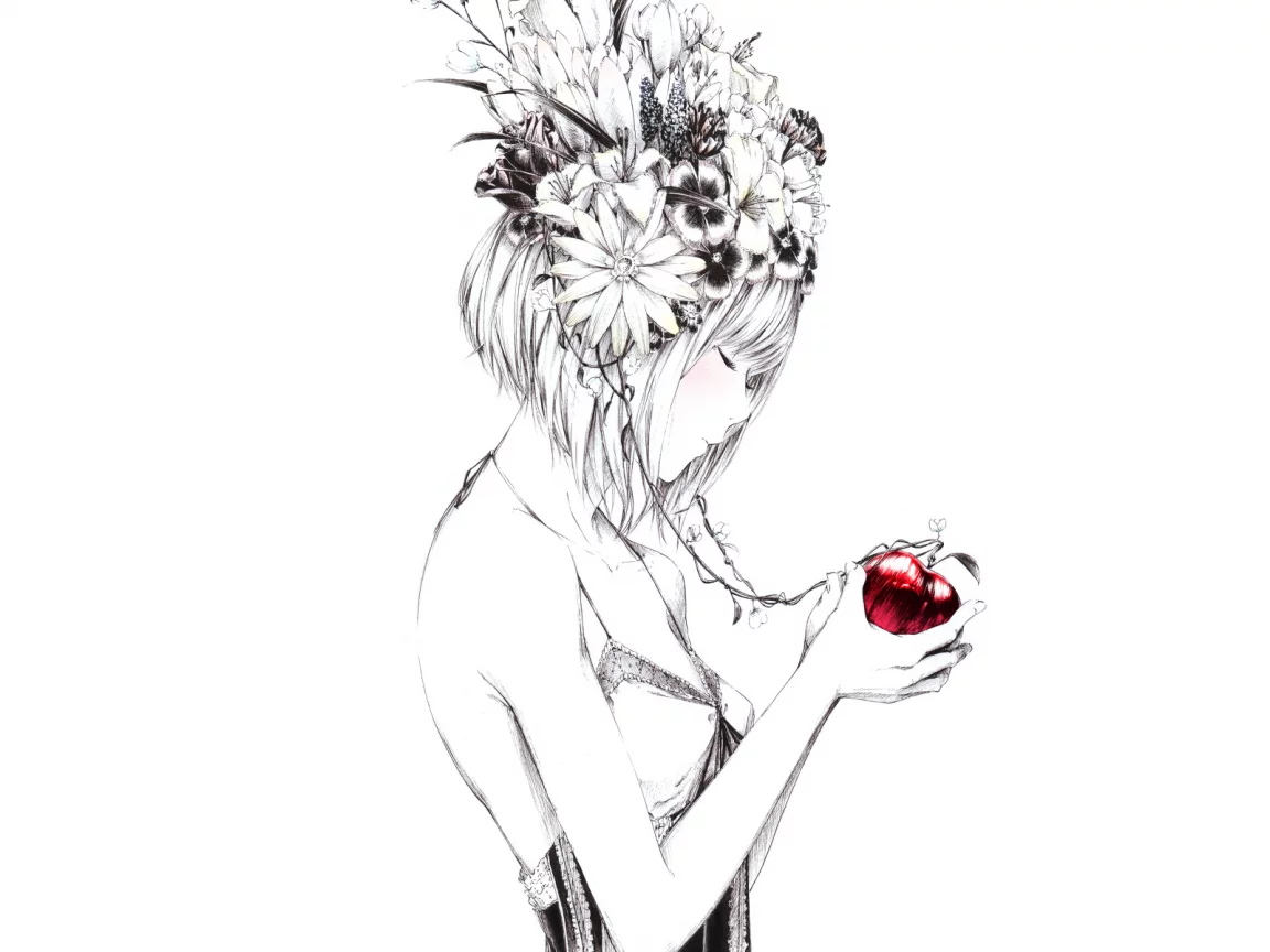 яблоко, рисунок, sawasawa, арт, Девушка, цветы