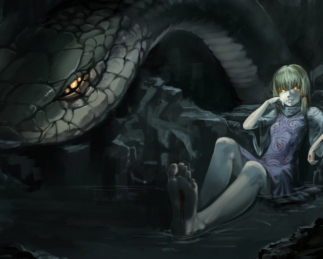 девушка, кровь, touhou, пещера, вода, змея, змей, Moriya suwako