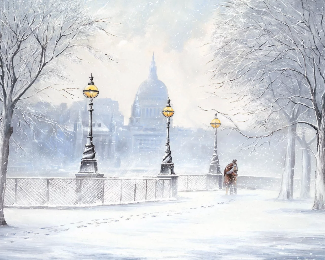 снегопад, jeff rowland, улица, Картина, бульвар, зима, снег