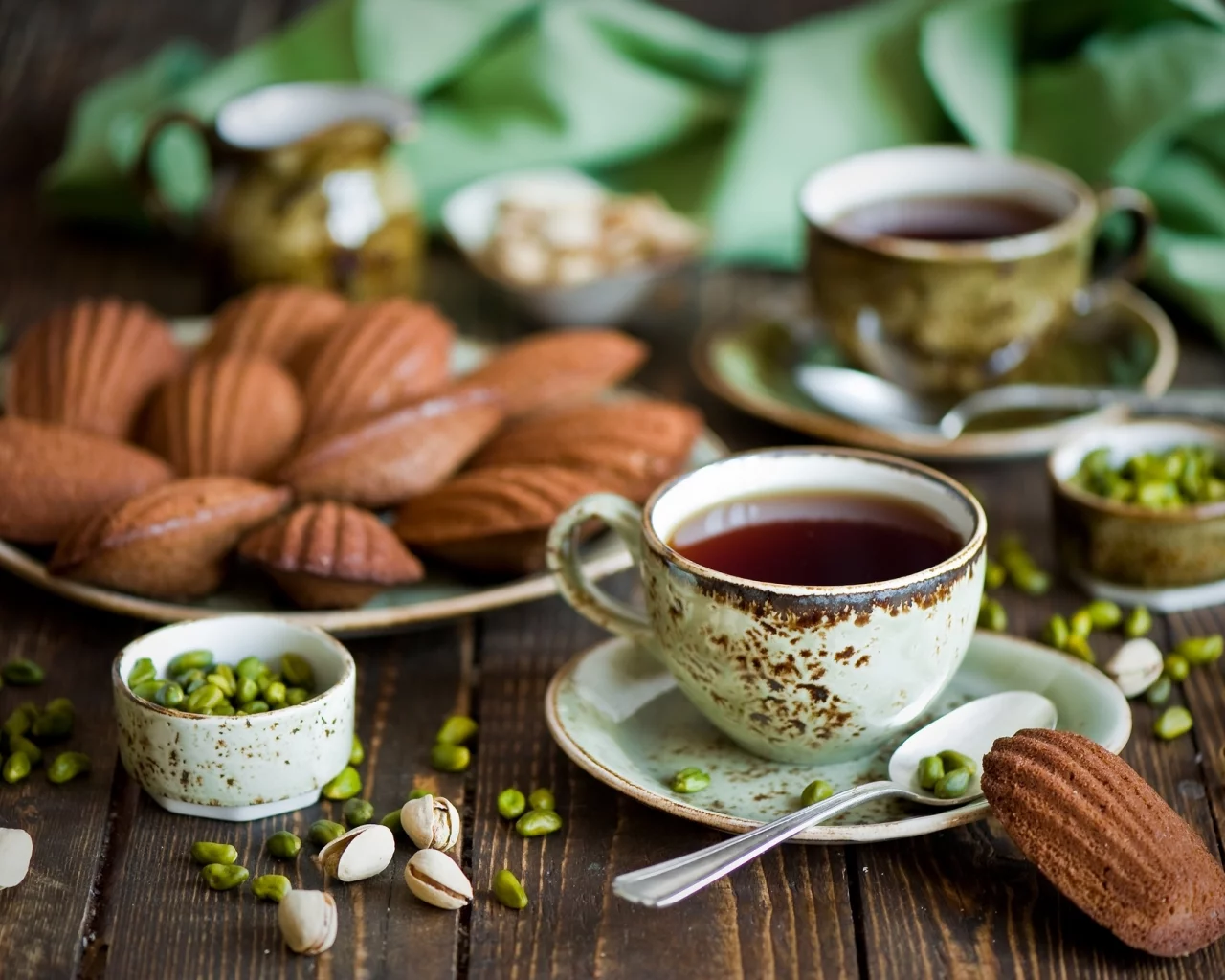 чашки, ложки, орешки, Чай, фисташки, печенье, орехи