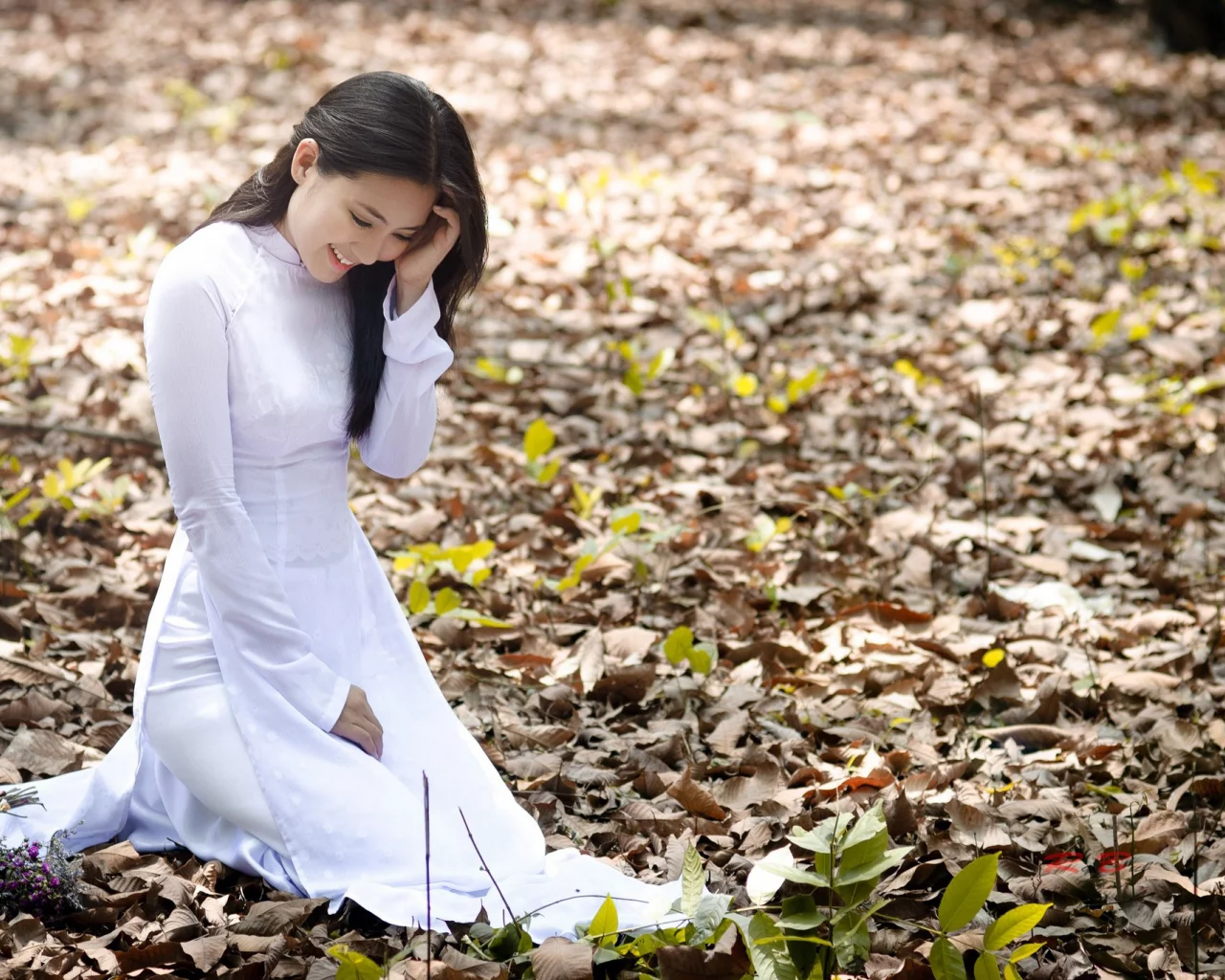 лес, Девушка, листья, брюнетка, азиатка, ngoc lan, природа