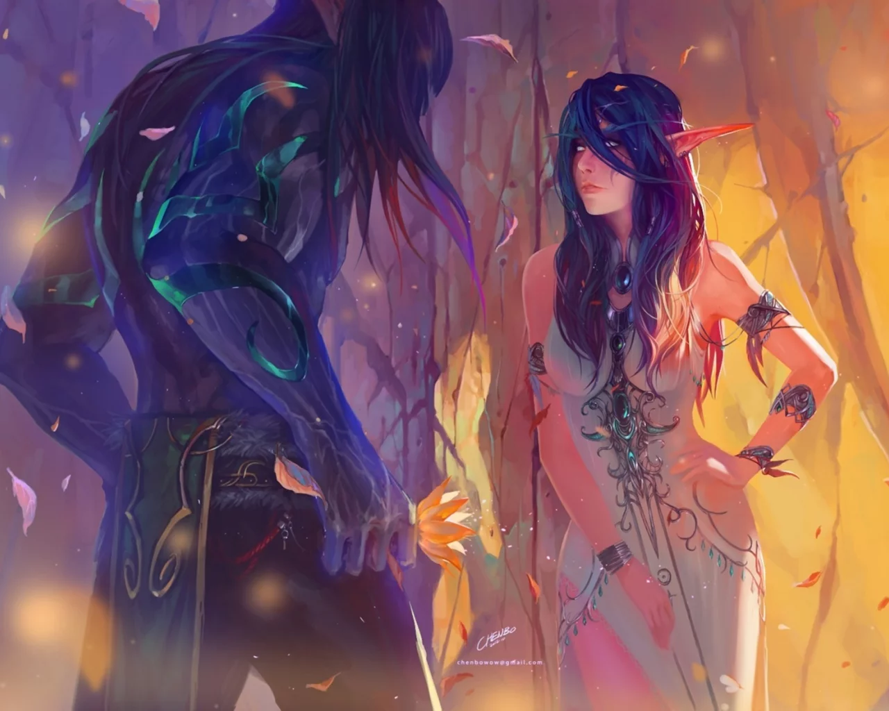 девушка, эльф, листья, world of warcraft, chenbo, Арт, парень