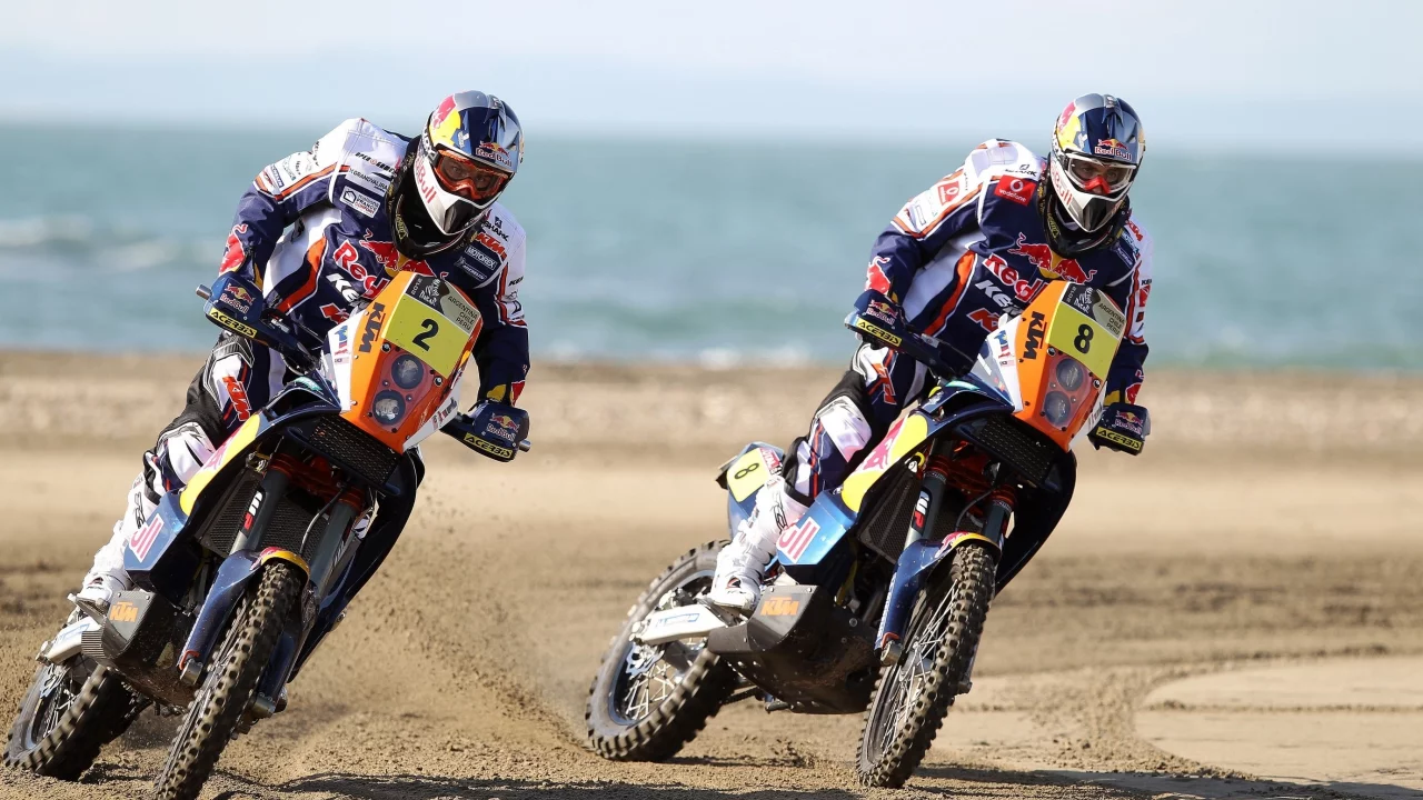 Мотоцикл, dakar, гонка, день, поворот, жара, два, red bull