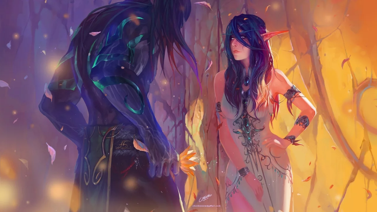 девушка, эльф, листья, world of warcraft, chenbo, Арт, парень