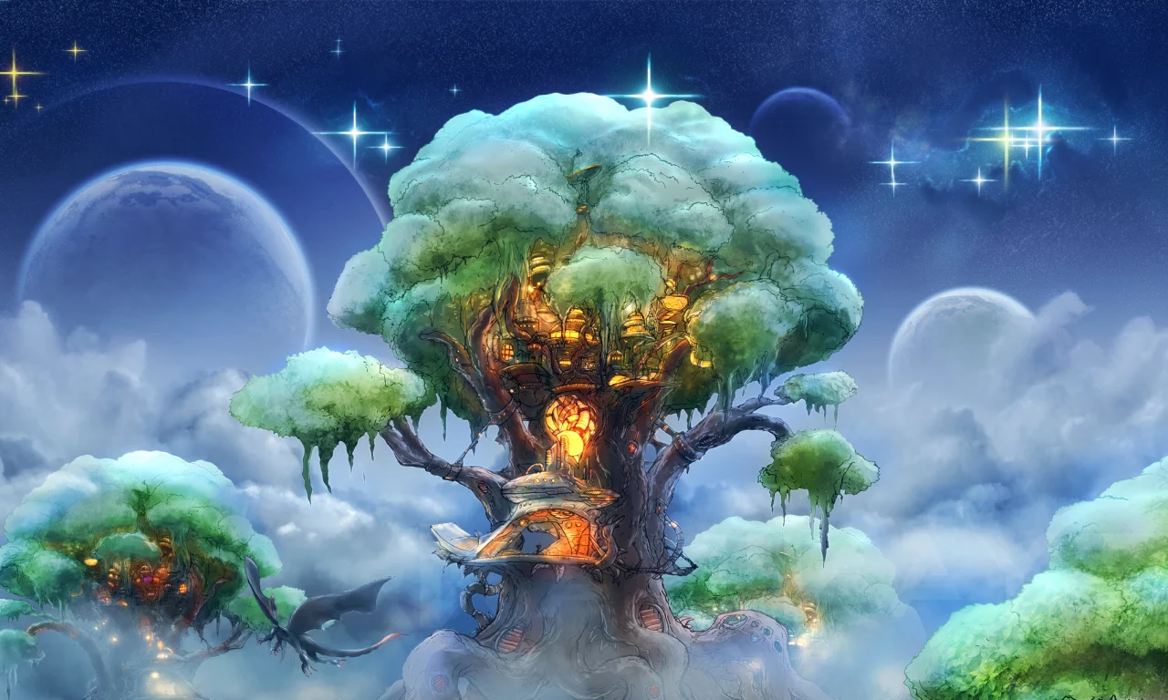 dragon, stars, sky, kamikaye, house, elven forest, Zephyr tree, style, art, фэнтези, fantasy