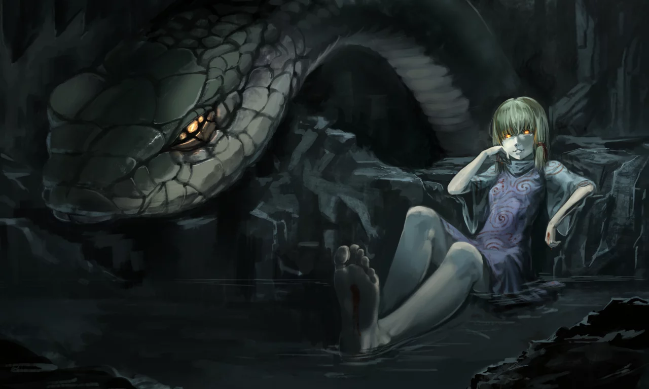 девушка, кровь, touhou, пещера, вода, змея, змей, Moriya suwako