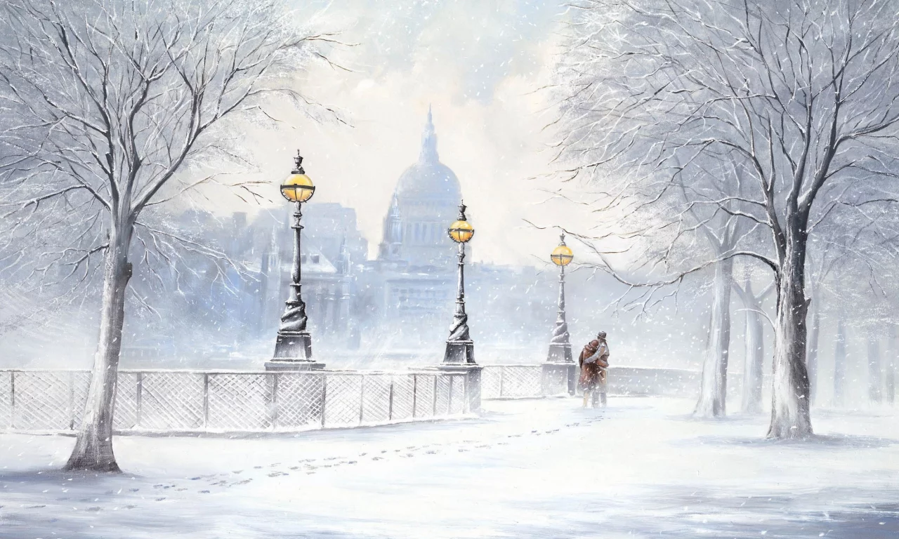 снегопад, jeff rowland, улица, Картина, бульвар, зима, снег