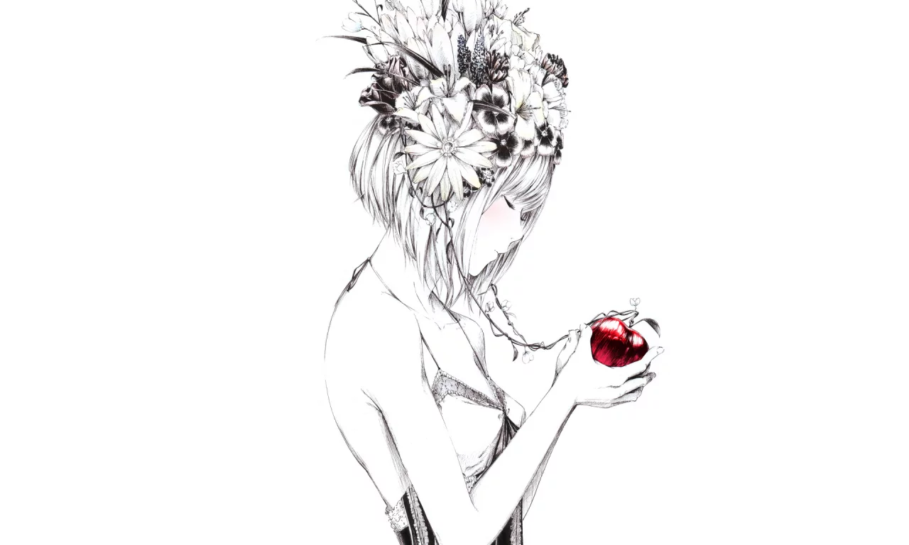 яблоко, рисунок, sawasawa, арт, Девушка, цветы