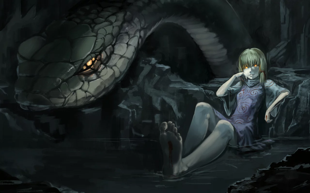 девушка, кровь, touhou, пещера, вода, змея, змей, Moriya suwako