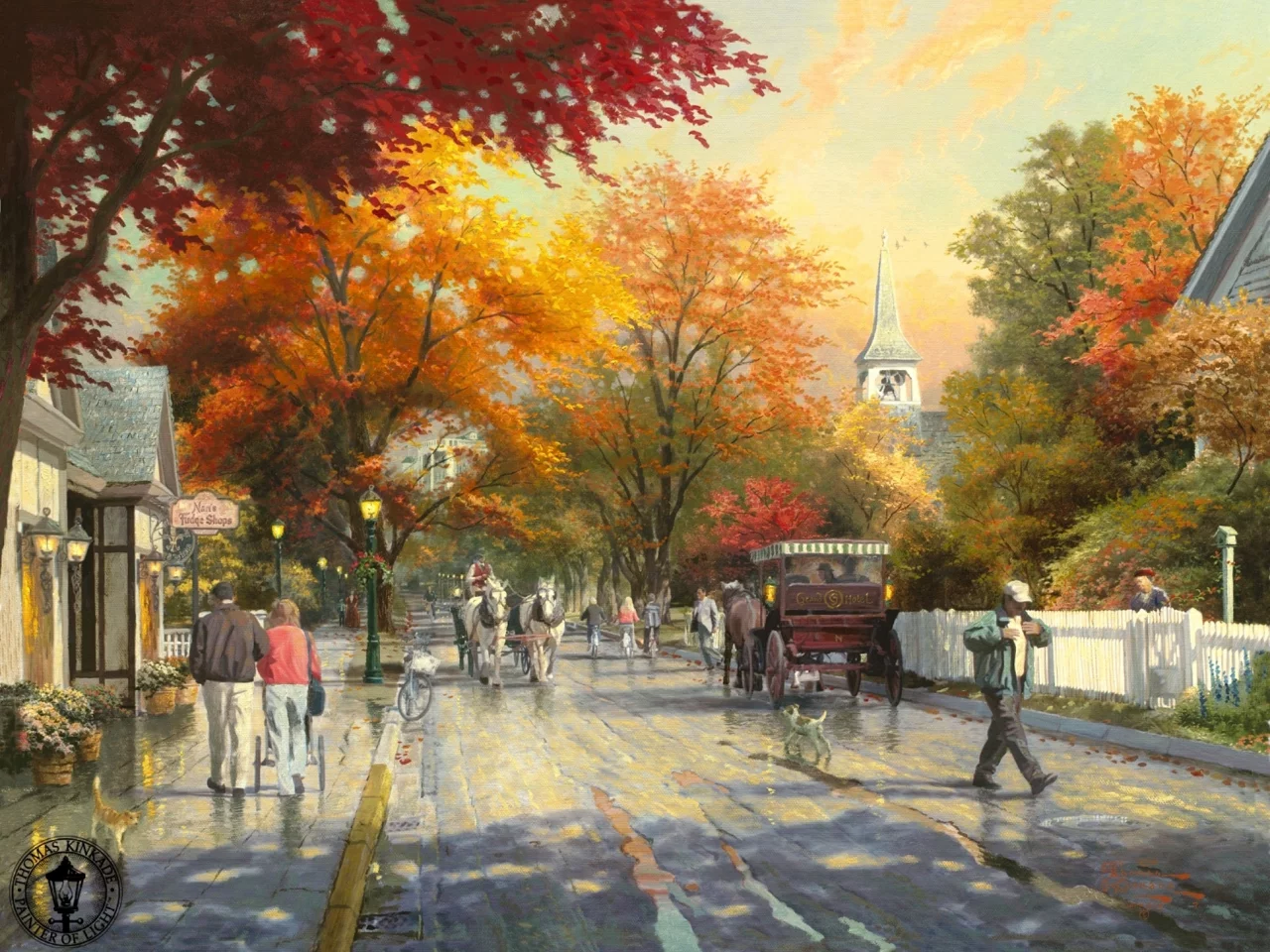 Thomas kinkade, осень, живопись, городок, autumn on mackinac island