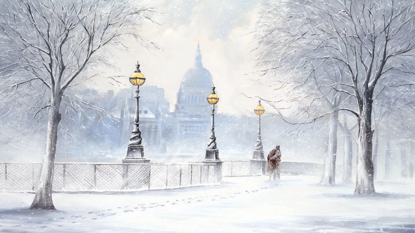 снегопад, jeff rowland, улица, Картина, бульвар, зима, снег