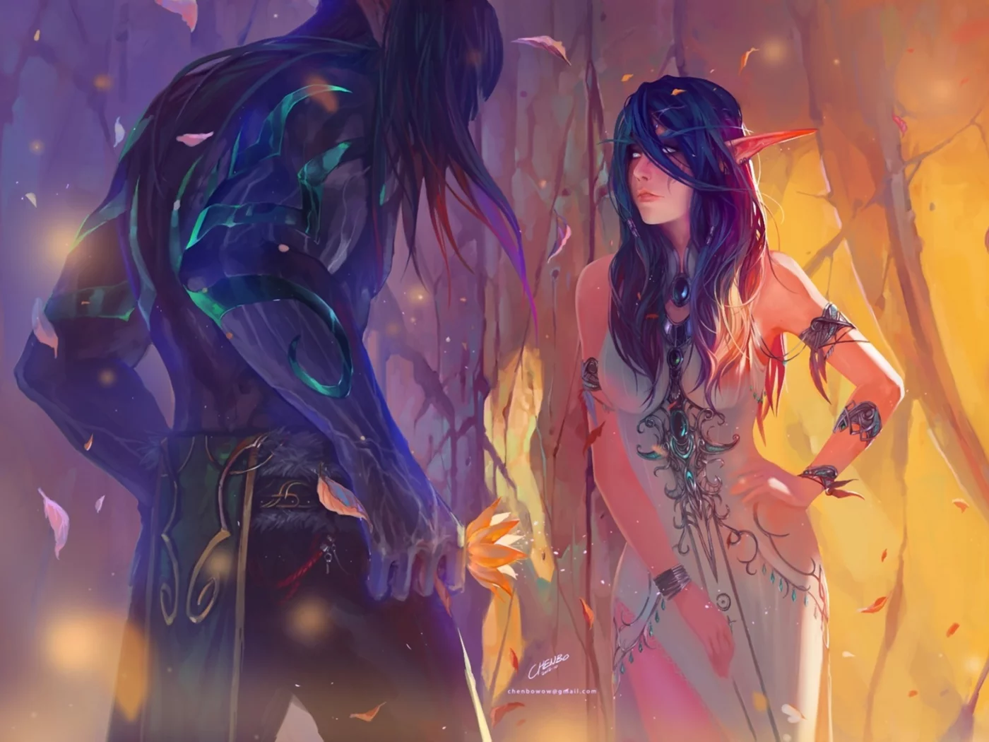 девушка, эльф, листья, world of warcraft, chenbo, Арт, парень