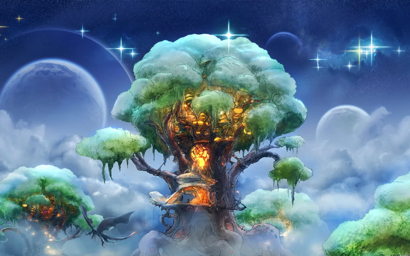 dragon, stars, sky, kamikaye, house, elven forest, Zephyr tree, style, art, фэнтези, fantasy