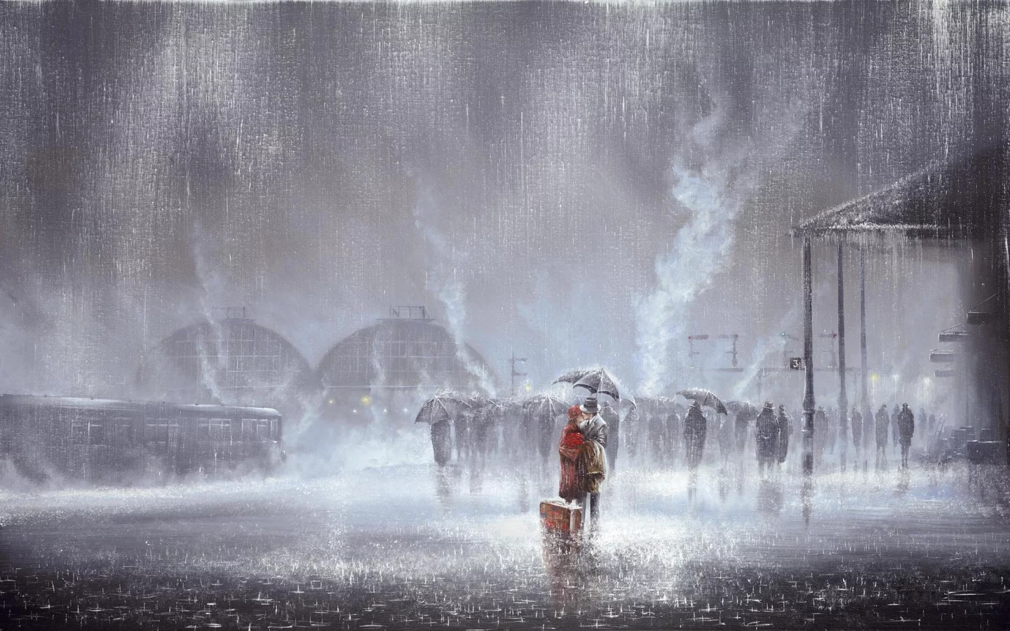 дождь, любовь, Картина, двое, jeff rowland, вокзал, встреча
