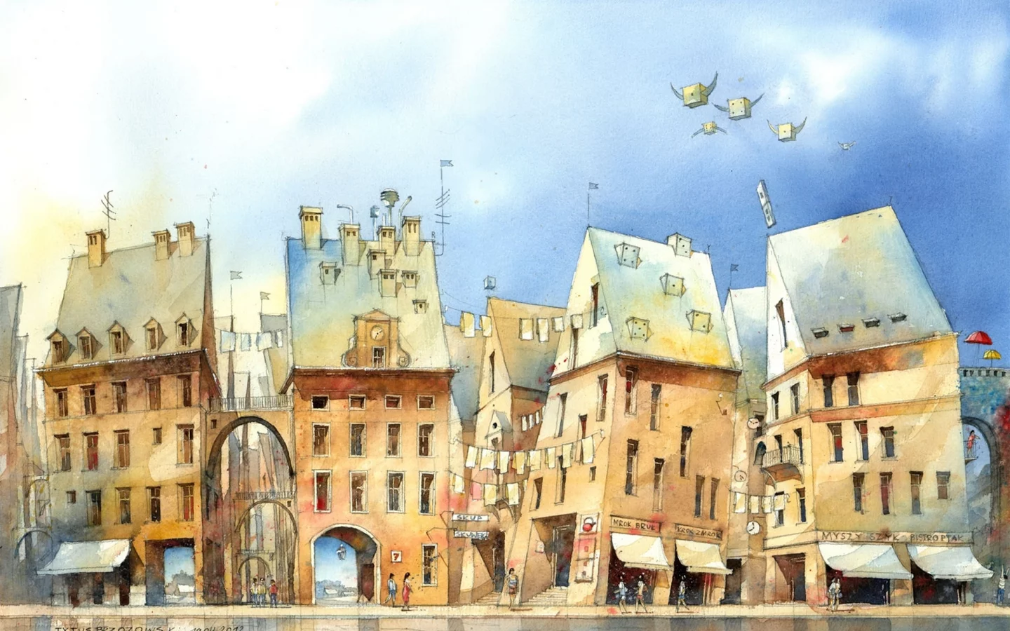 люди, Арт, полёт, рисунок, арки, tytus brzozowski, дома, здания
