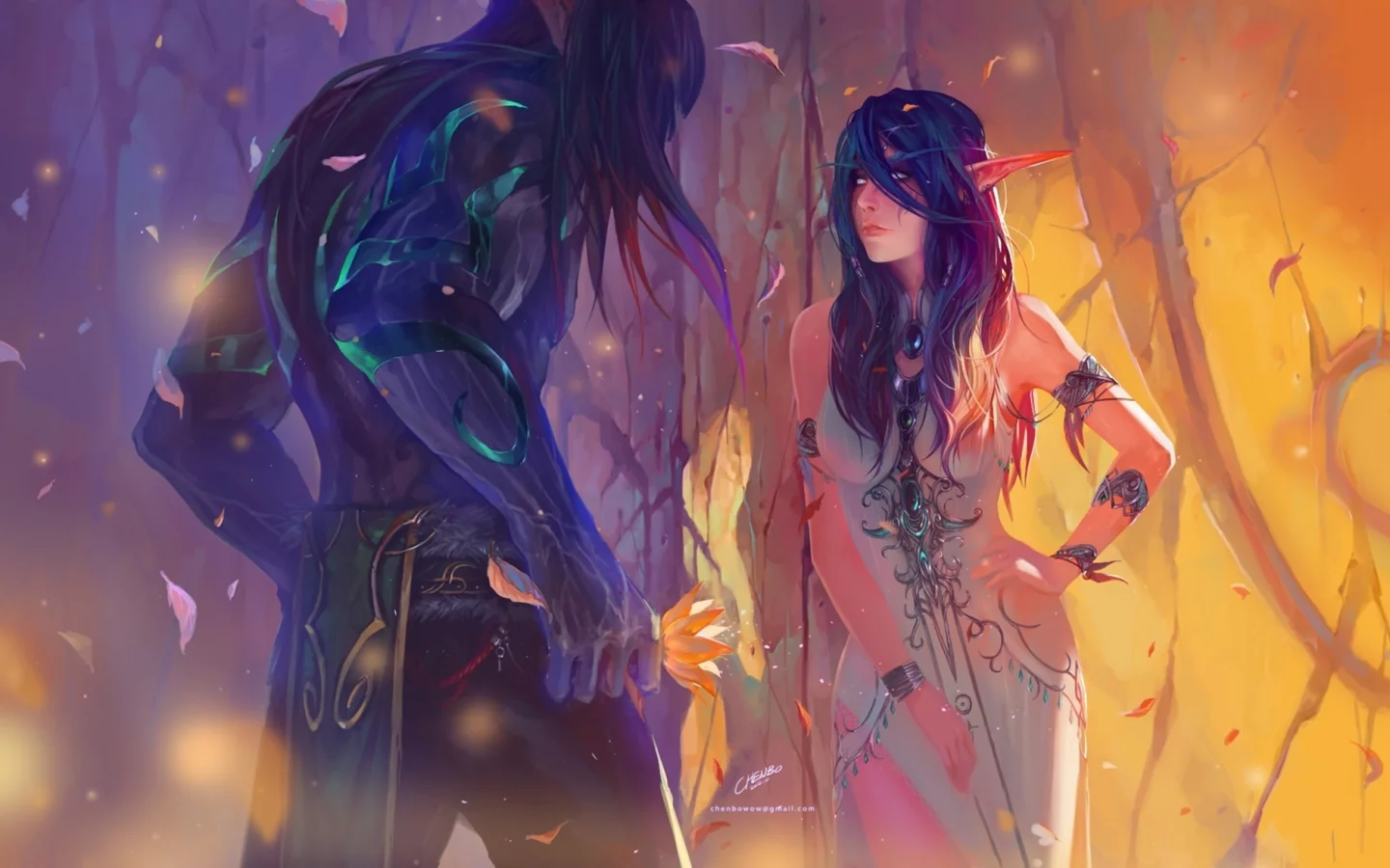 девушка, эльф, листья, world of warcraft, chenbo, Арт, парень