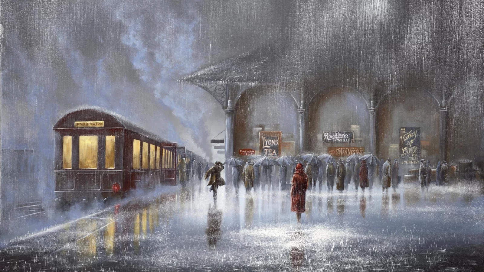 Картина, дождь, вокзал, jeff rowland, двое, встреча, ливень