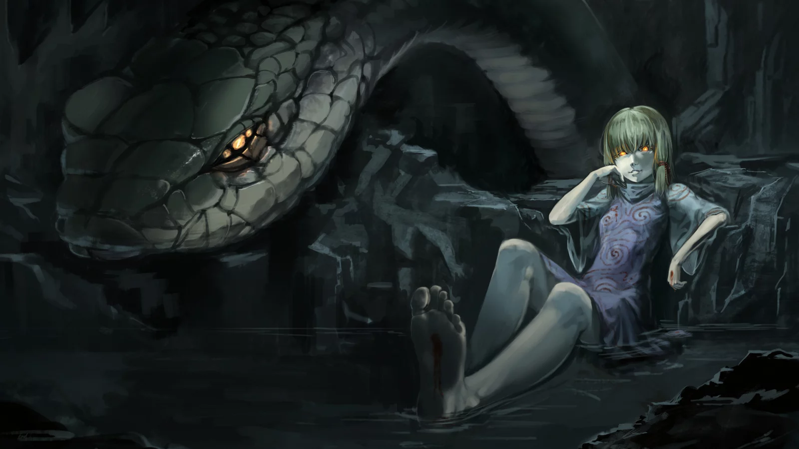 девушка, кровь, touhou, пещера, вода, змея, змей, Moriya suwako