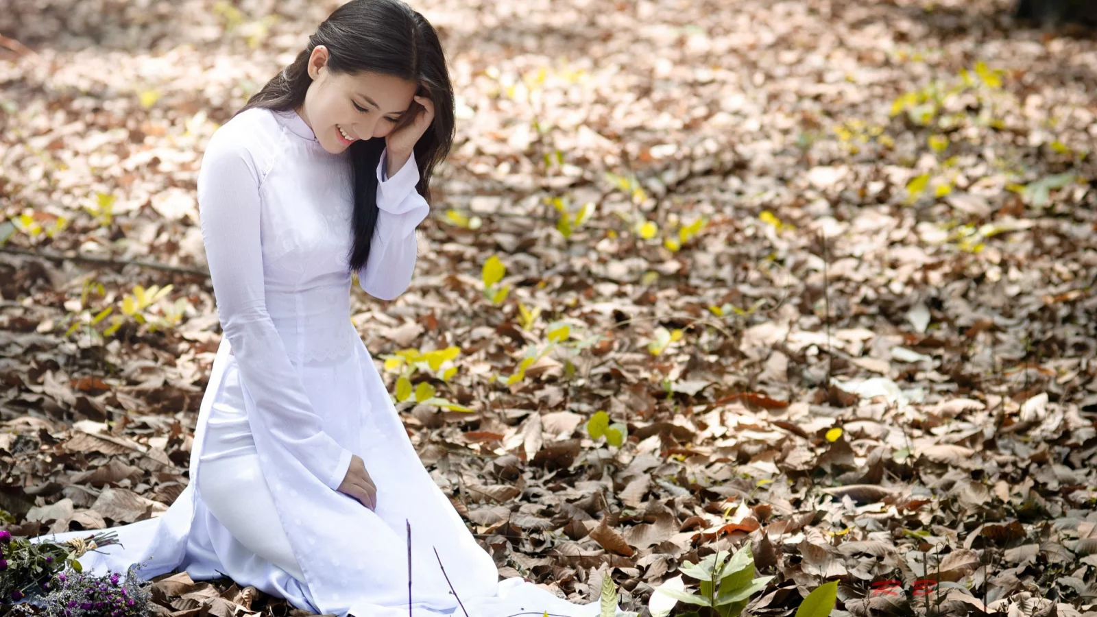 лес, Девушка, листья, брюнетка, азиатка, ngoc lan, природа