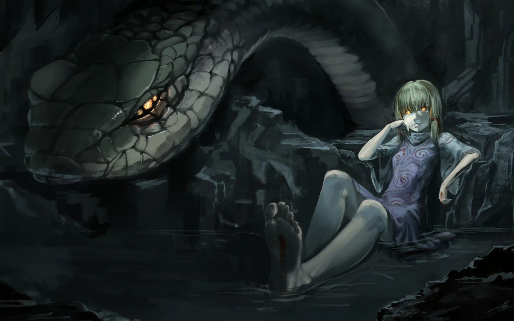 девушка, кровь, touhou, пещера, вода, змея, змей, Moriya suwako
