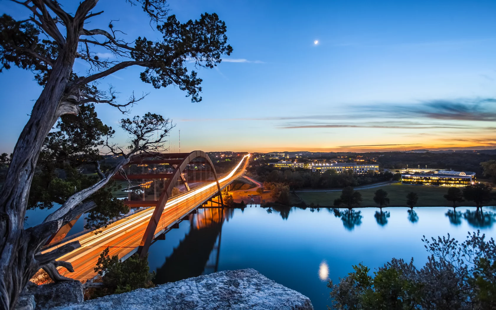 вечер, огни, сша, город, usa, река, луна, austin, texas, Мост