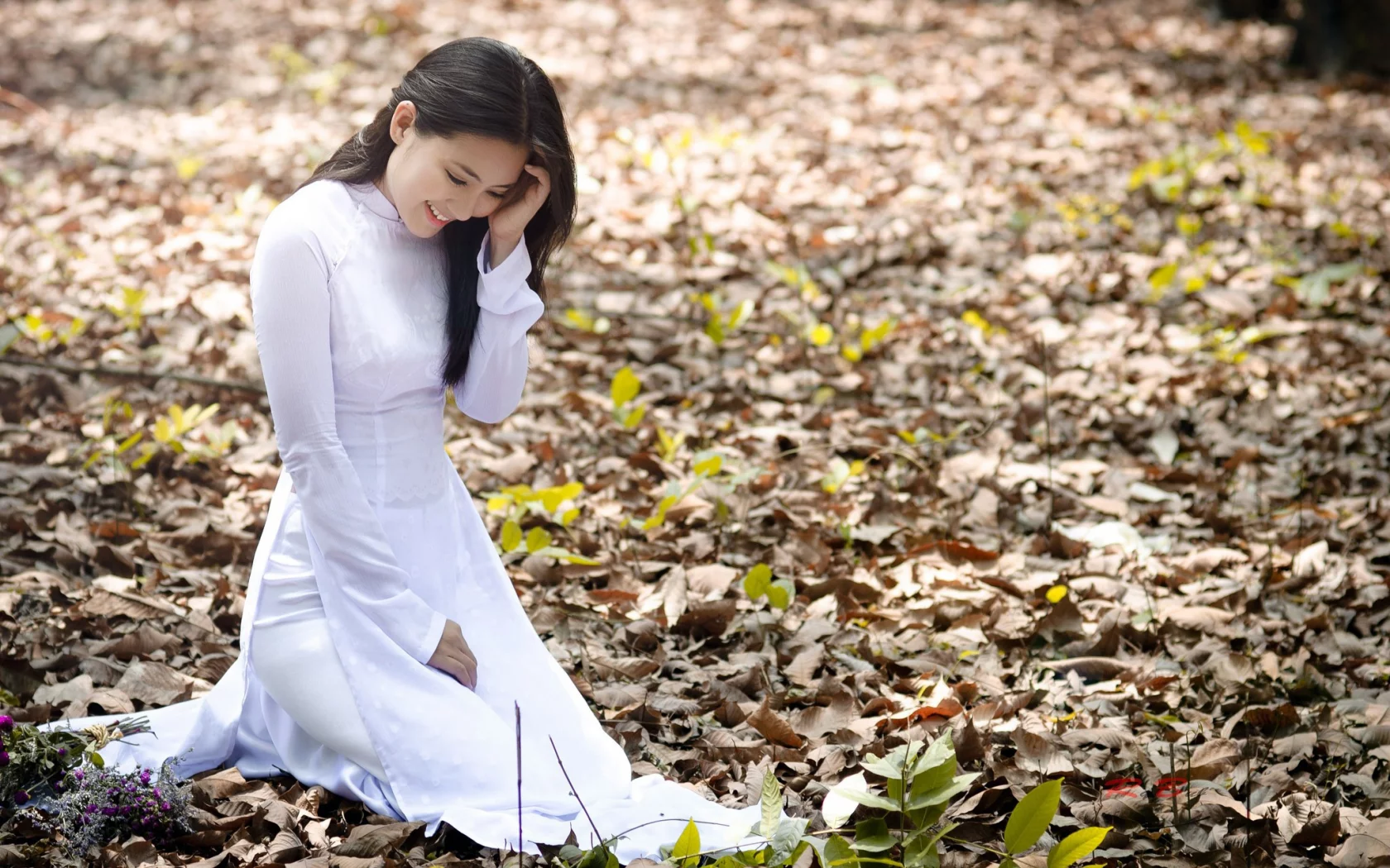 лес, Девушка, листья, брюнетка, азиатка, ngoc lan, природа