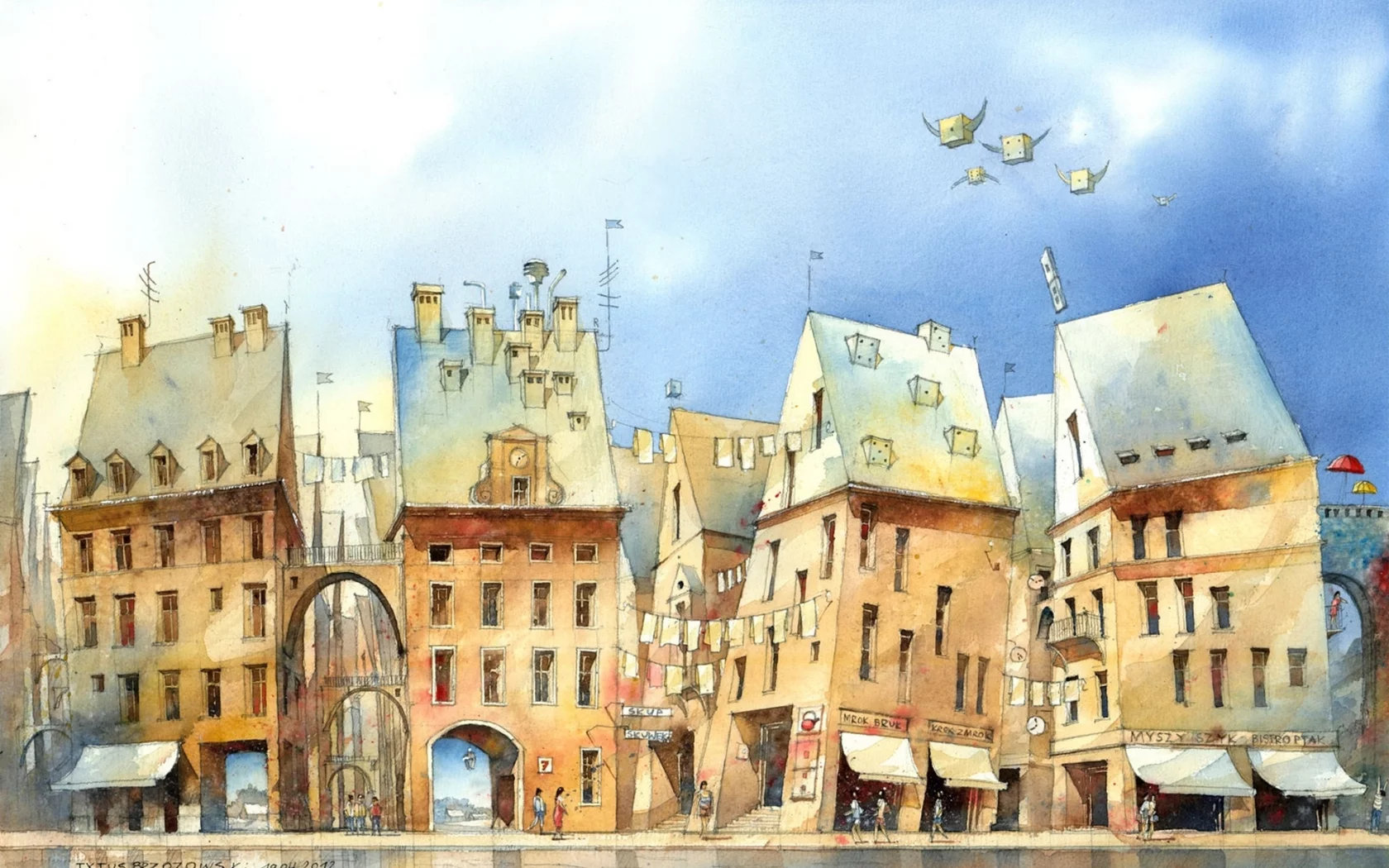 люди, Арт, полёт, рисунок, арки, tytus brzozowski, дома, здания