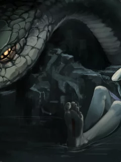 девушка, кровь, touhou, пещера, вода, змея, змей, Moriya suwako