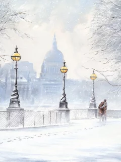 снегопад, jeff rowland, улица, Картина, бульвар, зима, снег