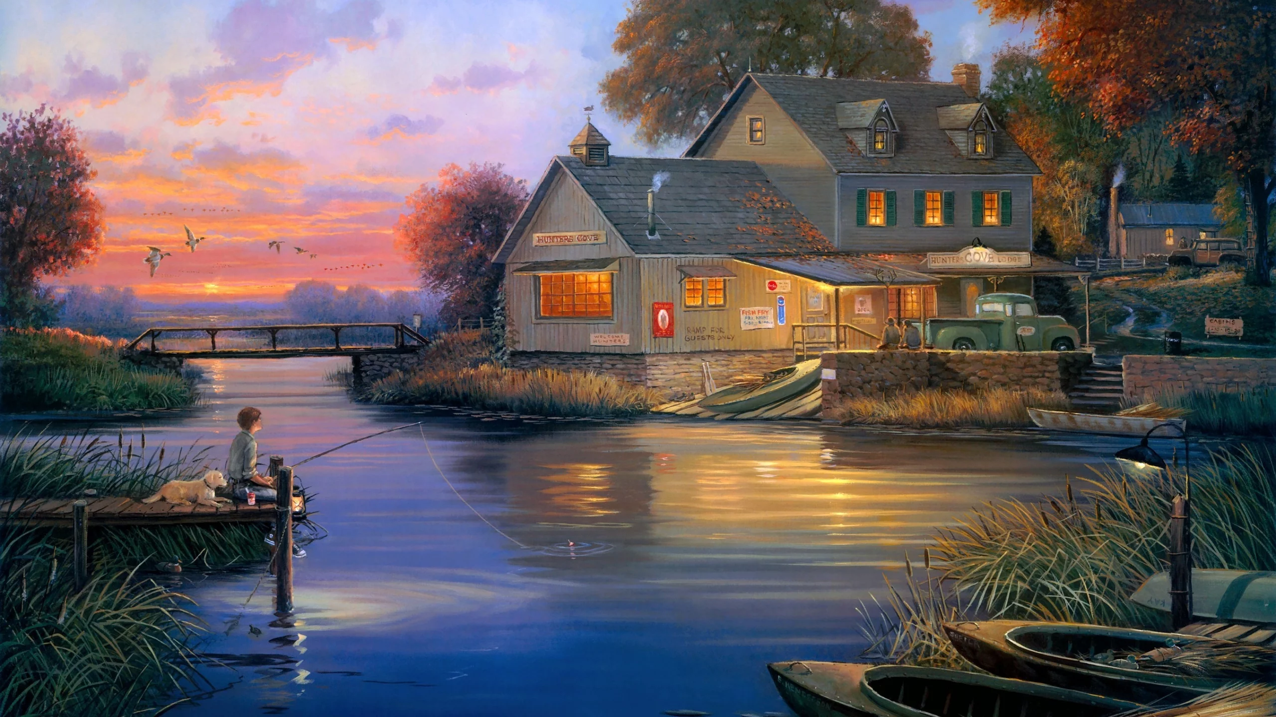 lodge, hunters lodge, живопись, George kovach, hunters cove, лодки, бухта