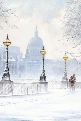снегопад, jeff rowland, улица, Картина, бульвар, зима, снег