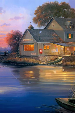 lodge, hunters lodge, живопись, George kovach, hunters cove, лодки, бухта
