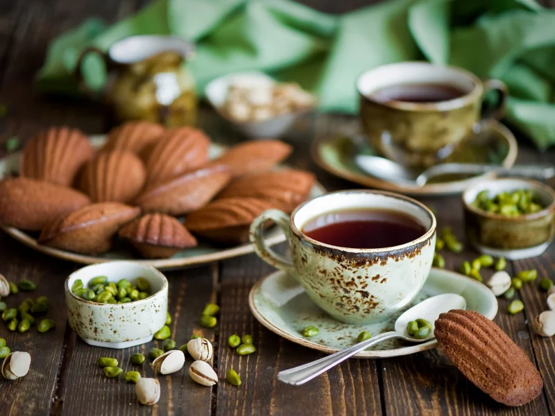 чашки, ложки, орешки, Чай, фисташки, печенье, орехи