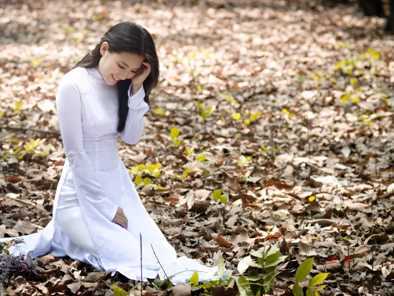 лес, Девушка, листья, брюнетка, азиатка, ngoc lan, природа