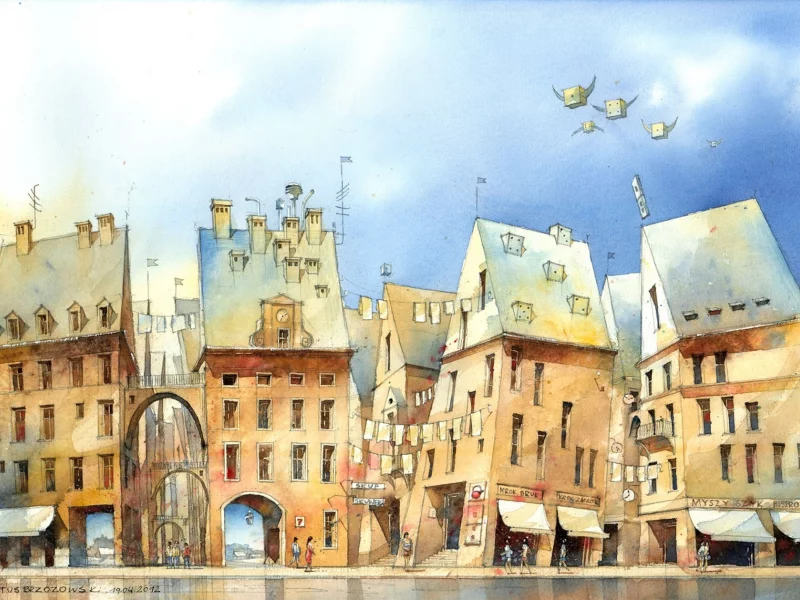 люди, Арт, полёт, рисунок, арки, tytus brzozowski, дома, здания