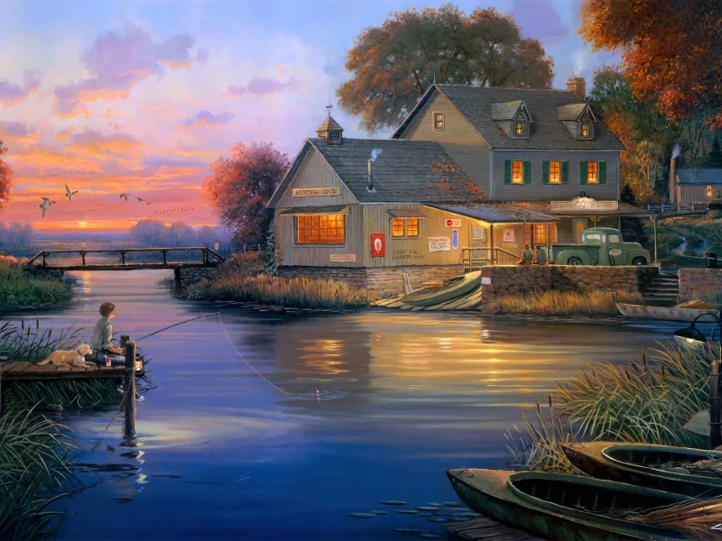 lodge, hunters lodge, живопись, George kovach, hunters cove, лодки, бухта
